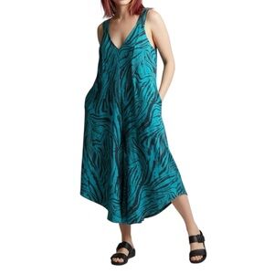 NWT Ashley Stewart Linen Cotton Teal Zebra Animal Print Jumpsuit Plus Size 22/24